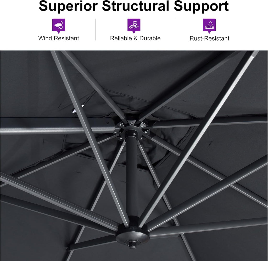 PURPLE LEAF 10 Feet Patio Umbrella Outdoor Cantilever Square Umbrella Aluminum Offset Umbrella with 360-degree Rotation for Garden Deck Pool Patio, Grey