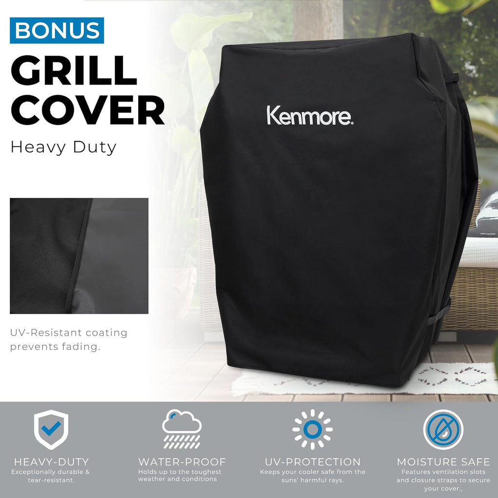 Kenmore 3-Burner Propane BBQ Grill, 30,000 BTUs Gas Grill with Cast Iron Cooking Grates, Folding Side Tables & Wheels, Outdoor Grill with Tool Hooks, Black + Bonus Cover