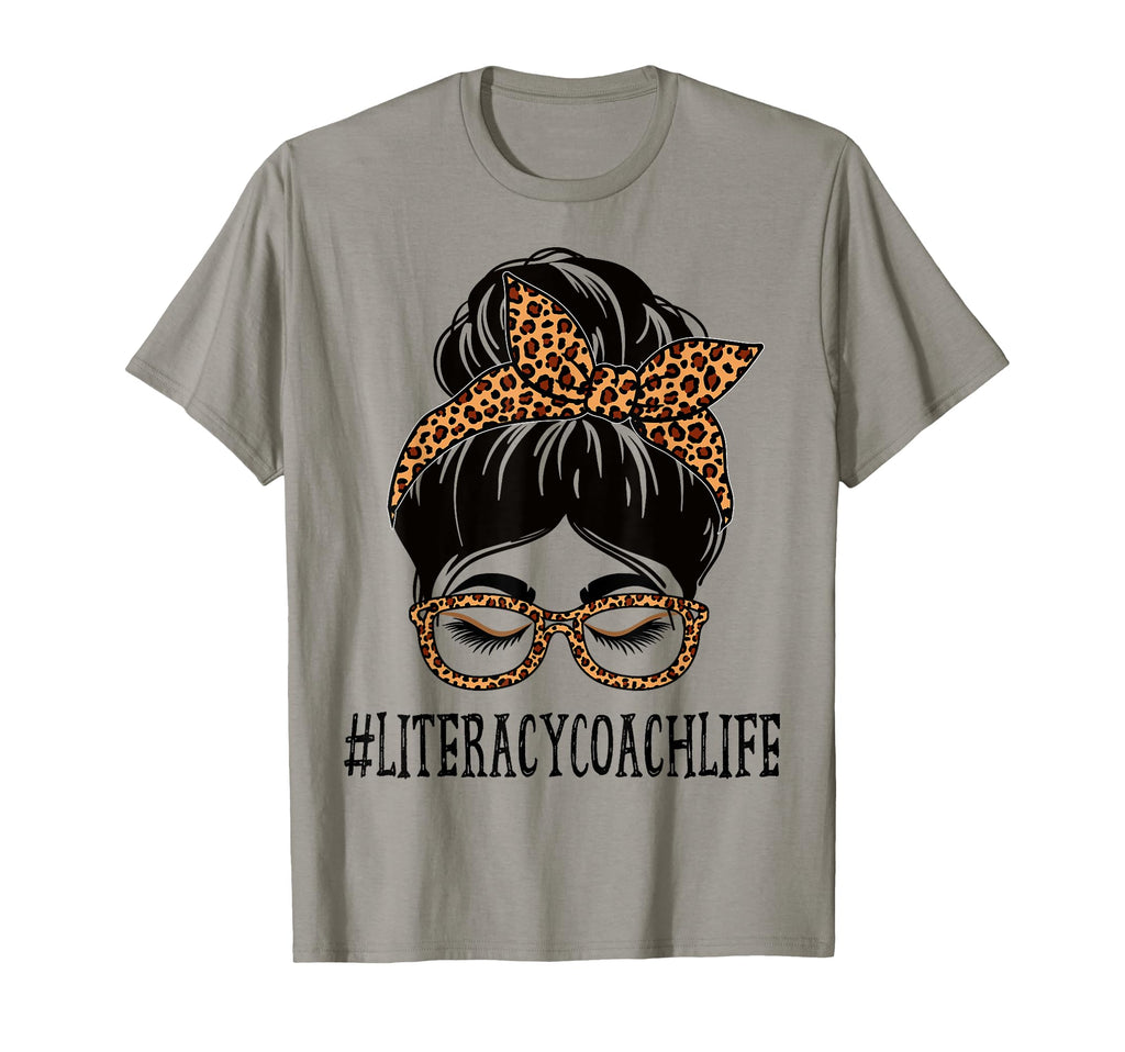 Literacy Coach Leopard Messy Bun T-Shirt - Novelty Apparel for Adults