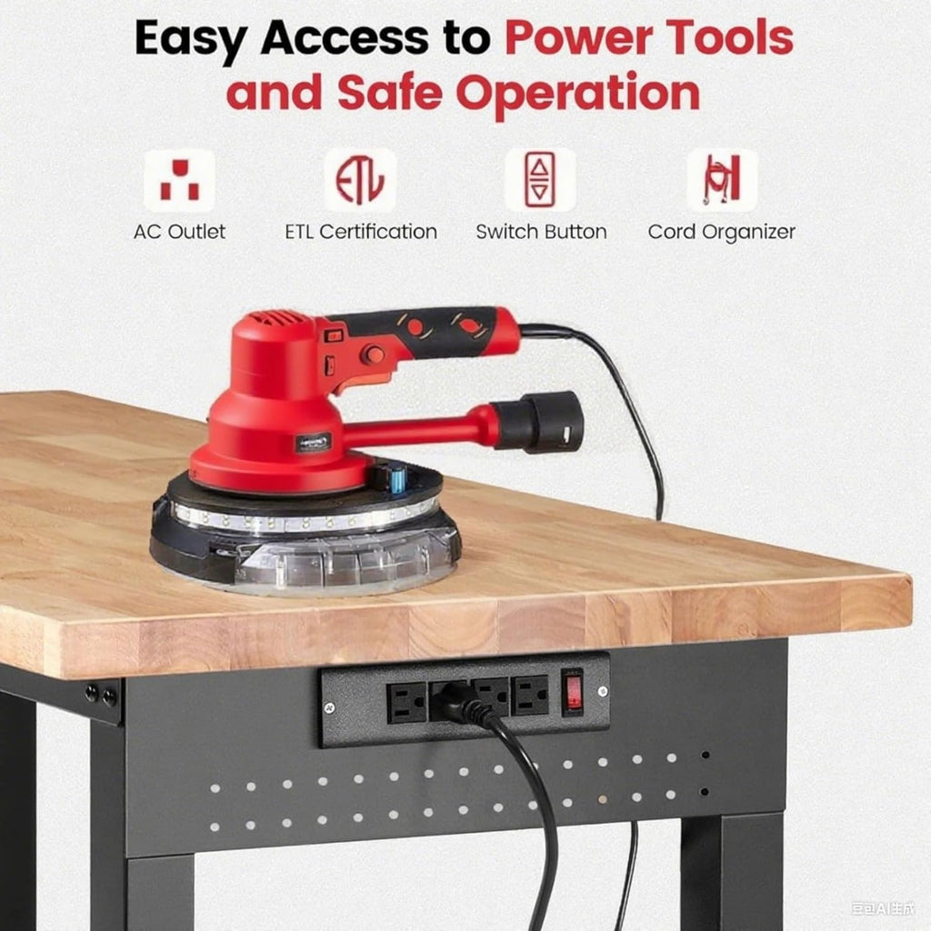 Workbench with Wheels 60 x 22 Heavy Duty Rubberwood Tabletop Work Bench Adjustable Height Garage Work Table with Under Table Shelf, Sided Pegboard, Power Outlets for Home Office