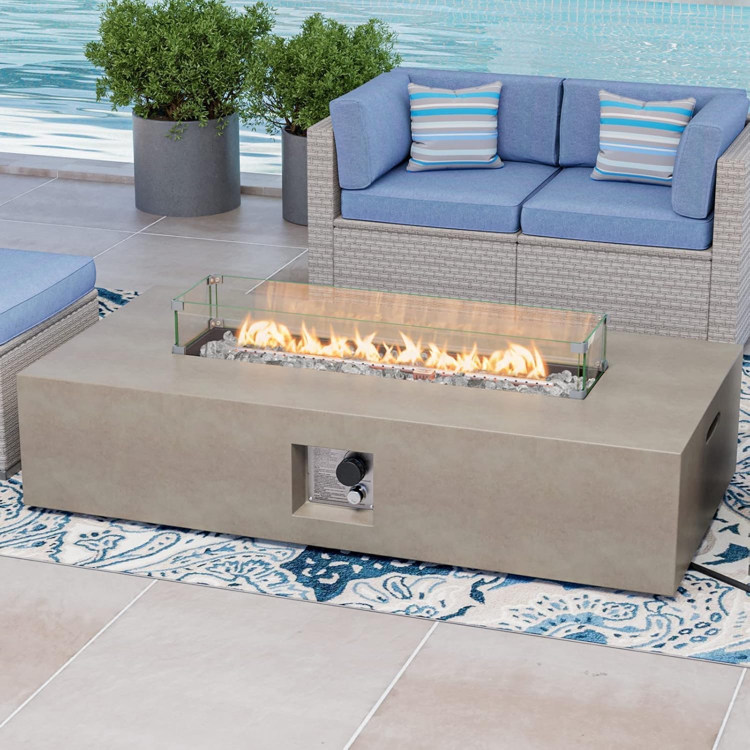 COSIEST Outdoor Propane Fire Pit Table, 56-inch x 28-inch Rectangle Gray Concrete-Like Finish, CSA Certified, 50,000 BTU Stainless Steel Burner w Transparent Gray Fire Glass, Wind Guard, Raincover