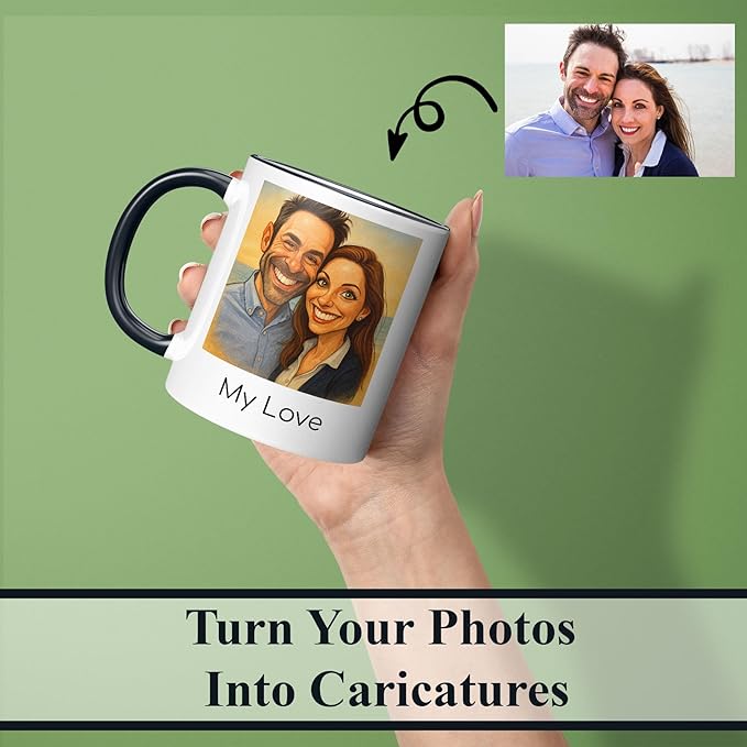 Personalized Coffee Mug, Custom Photo Caricature Gift, Funny Customized Coffee Gift for Men & Women, Custom Mugs with Pictures, Light Blue 15oz Customized Ceramic Tea Cup