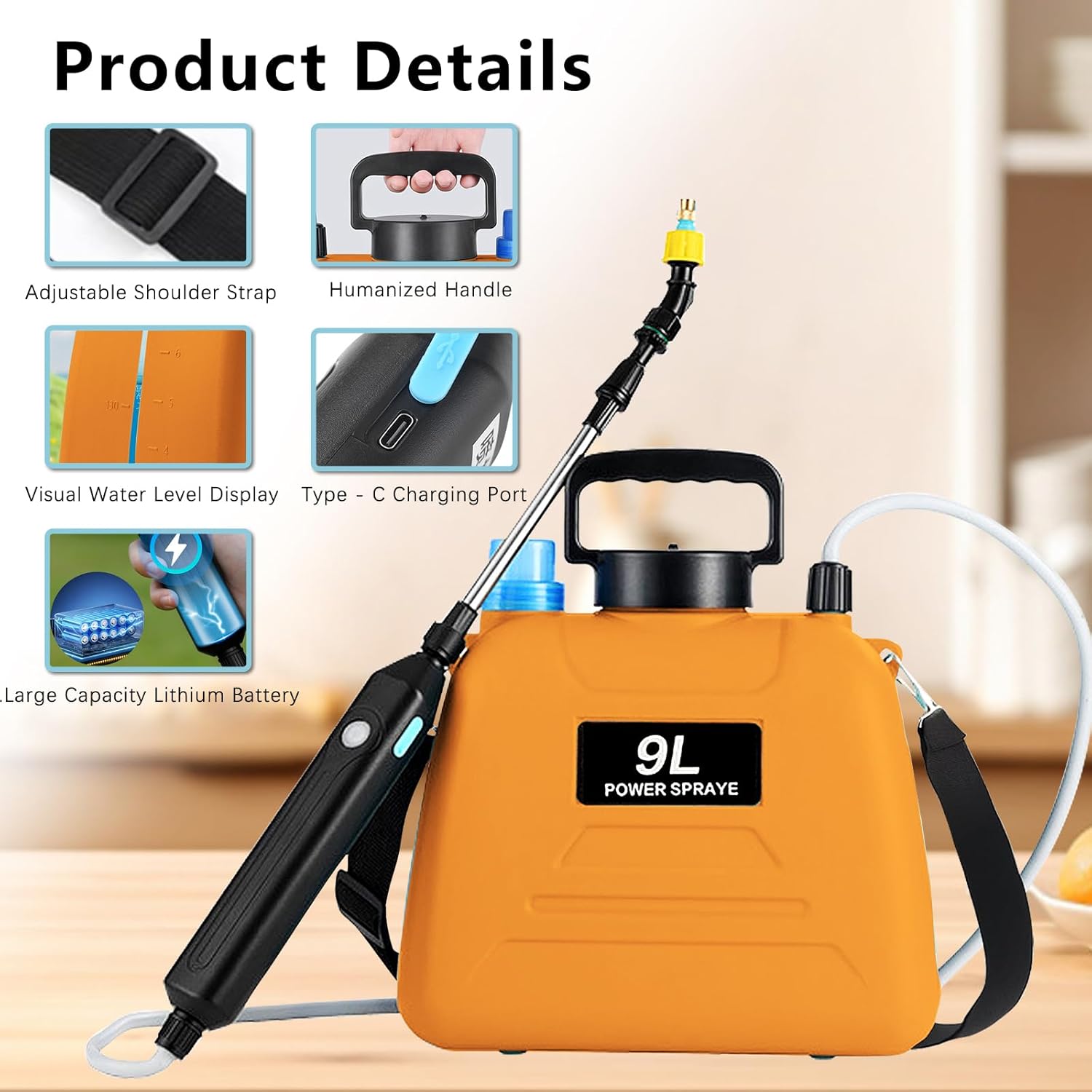 2.4 Gallon Battery Powered Sprayer, Electric Battery Operated Sprayer, Weed Power Sprayers in Lawn and Garden with Adjustable Shoulder Strap and Rechargeable Handle, 3 Mist Nozzles (Orange)