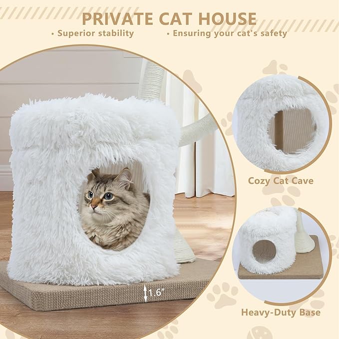 63” Tall Cat Tree Tower for Indoor Cats, Multi-Level Large Cat Climbing Furniture with Scratching Posts, Soft Perch, Cozy Cave, and Hanging Toys, Sturdy Design for Multi-Cat Households