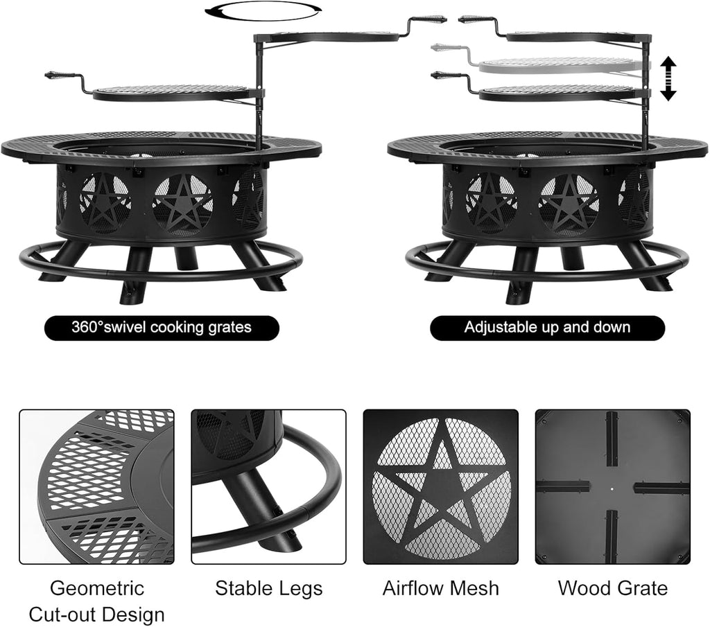 36 Inch Fire Pit with 2 Grills, Wood Burning Fire Pits for Outside with Lid & Poker, BBQ& Outdoor Firepit & Round Metal Table 3 in 1 for Patio, Picnic, Party