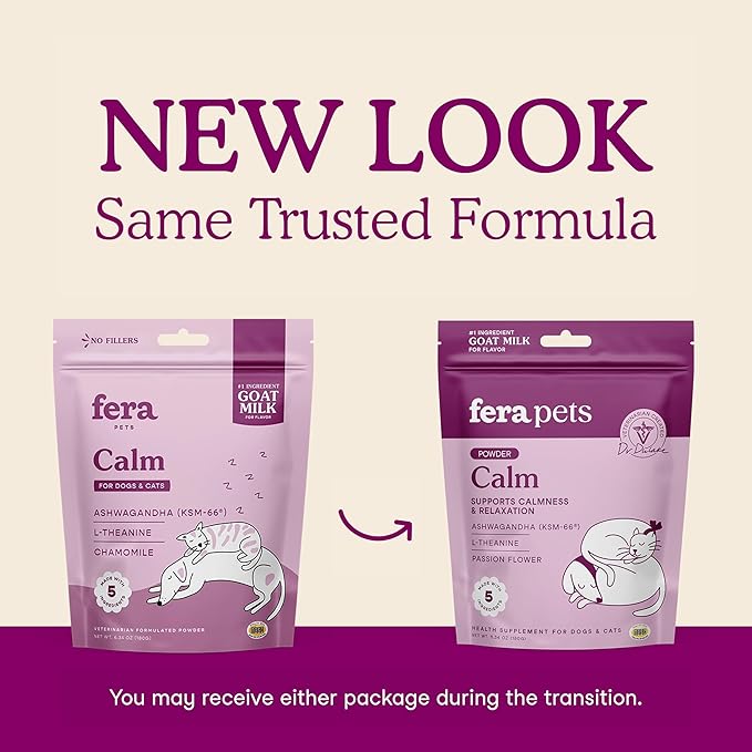 Fera Pets Goat Milk - Calming Supplement for Dogs & Cats - Ashwagandha, L-Theanine, & Passion Flower - Supports Anxiety Relief & Relaxation - for Picky Eaters - 60 TSP