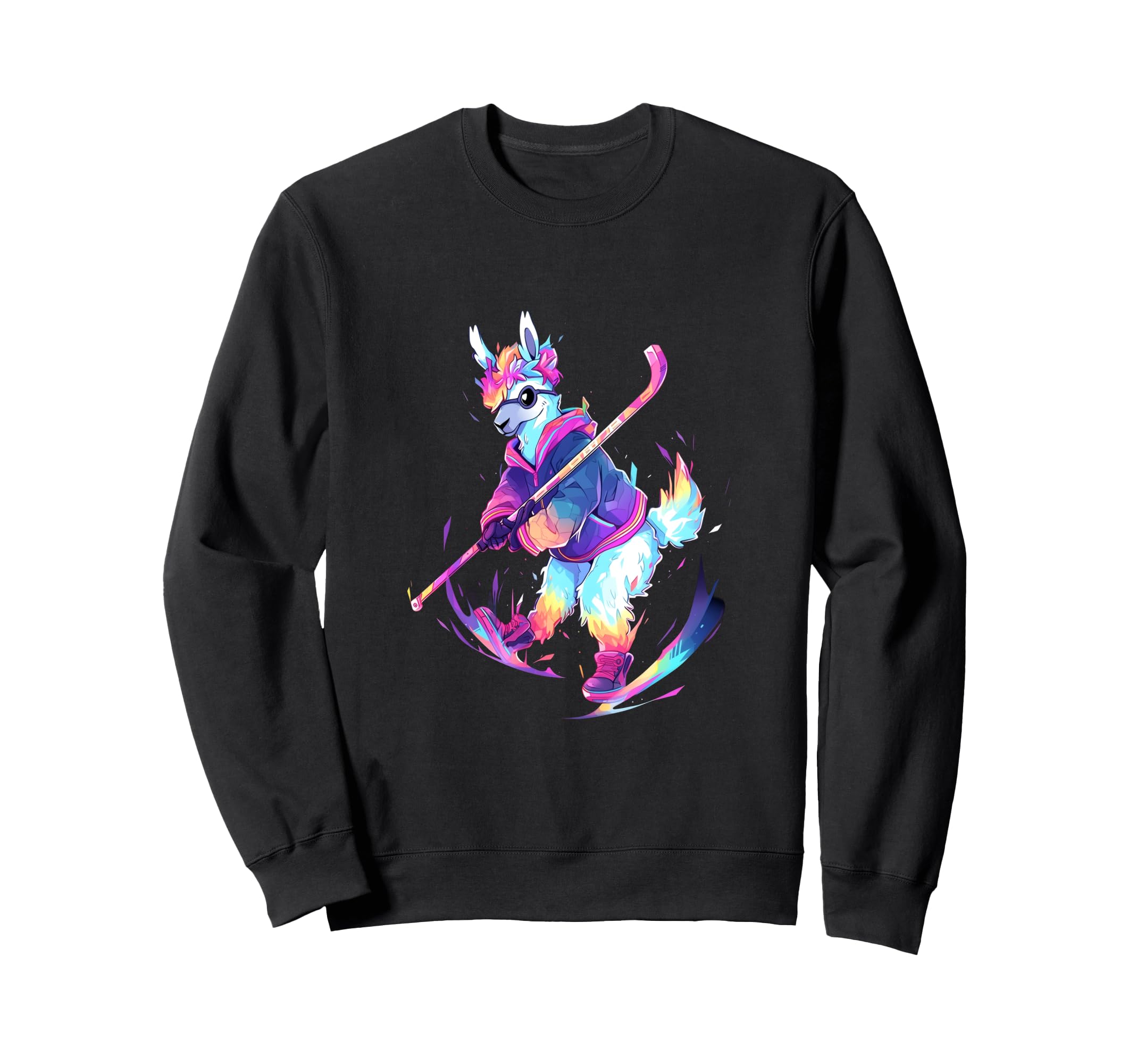 Llama Ice Hockey Player Hockey Stick Sweatshirt - Graphic Print Unisex