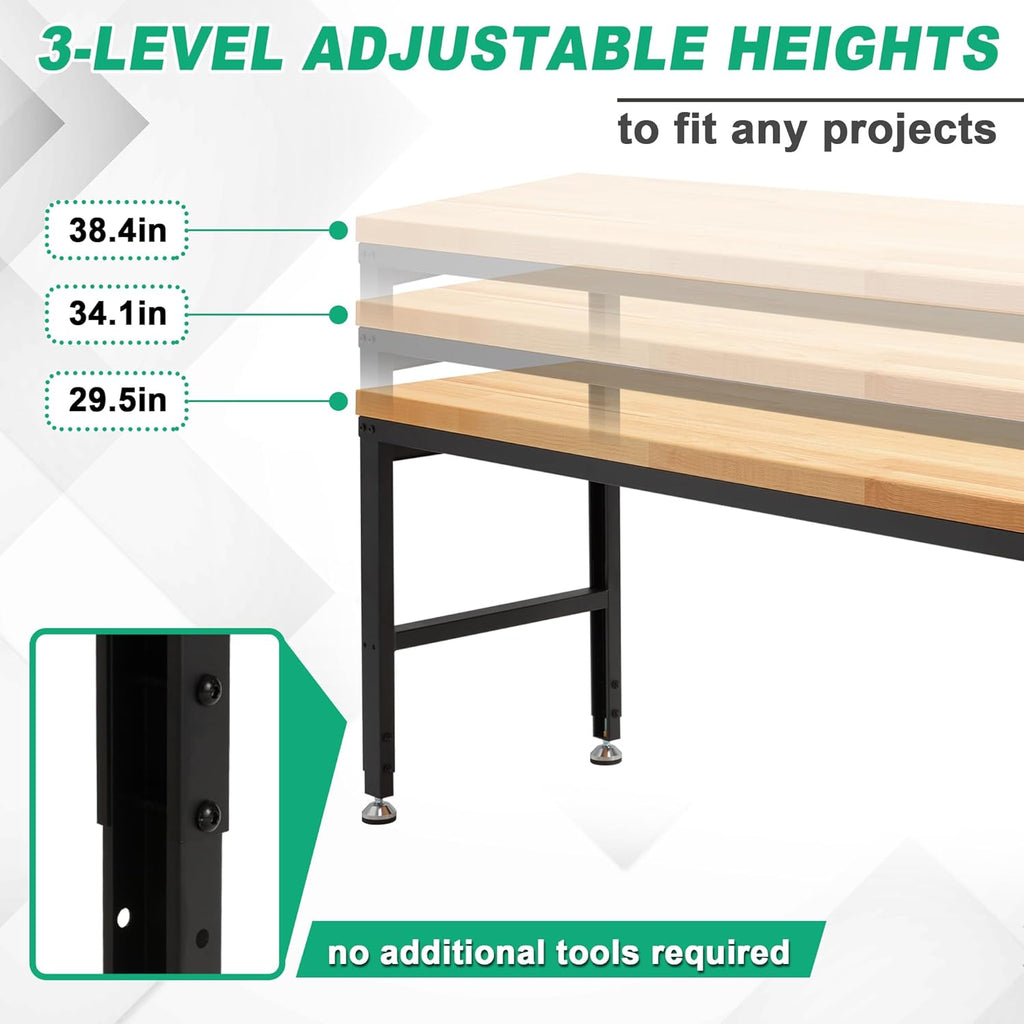 HABUTWAY Height Adjustable Workbench, 60"x20" 2000 Lbs Capacity Solid Wood Work Station Heavy-Duty, with Power Outlets, for Garage Party Shop Office