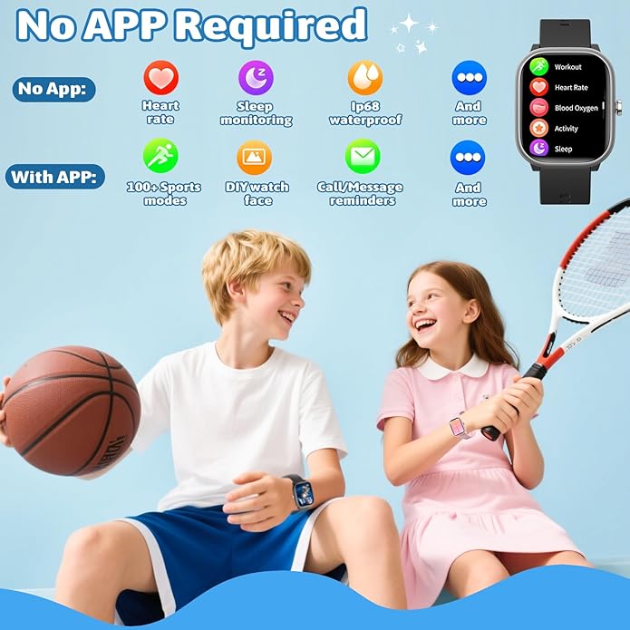 Smart Watch for Kids Girls Boys No APP/Phone Needed, 1.8" IP68 Waterproof Sport Kids Watch Pedometer, Heart Rate, Sleep Monitor, Step Counter, 12 Puzzle Games for Girls Boys Teens 6-16