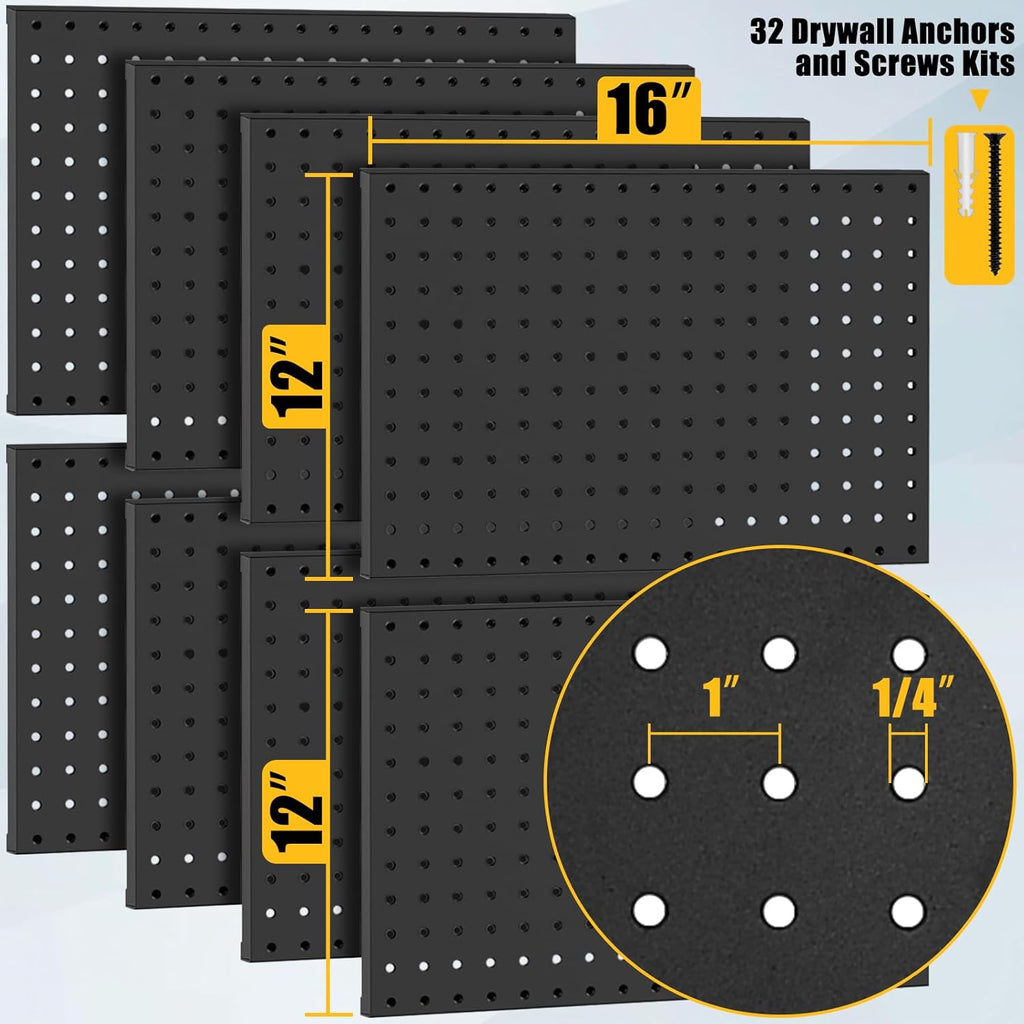 8 Pcs Metal Pegboard Panels, Heavy Duty Peg Boards for Garage and Garden Tool Storage, Includes Drywall Anchors and Screws Kits, Black (8 pcs 16in x 12in)
