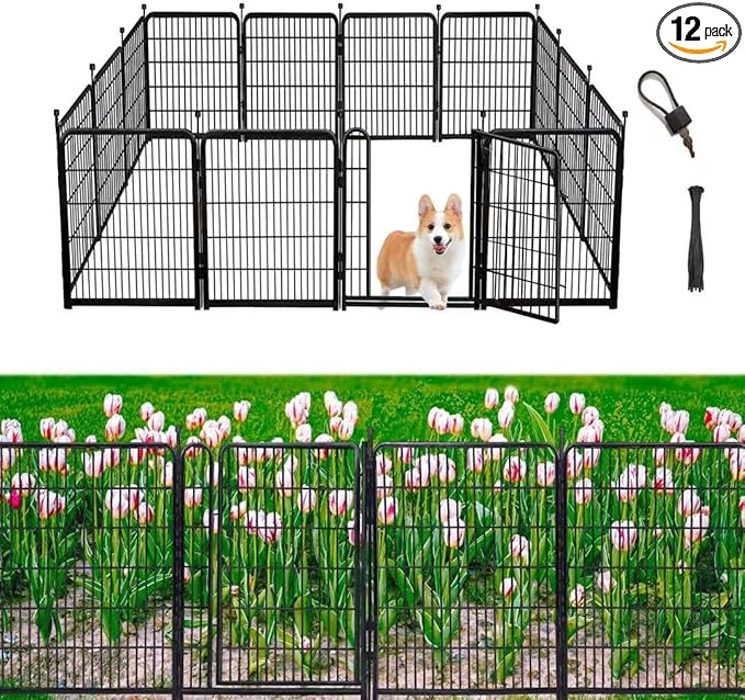 Garden Fencing 48in High, 12 Panels Total 26.6Ft(L) Dog Fence Outdoor for Yard, Gate 21 in Wide with Low Sills. Black Metal Fencing for Yard 4ft Tall, Garden Fences, Animal Barrier Fence