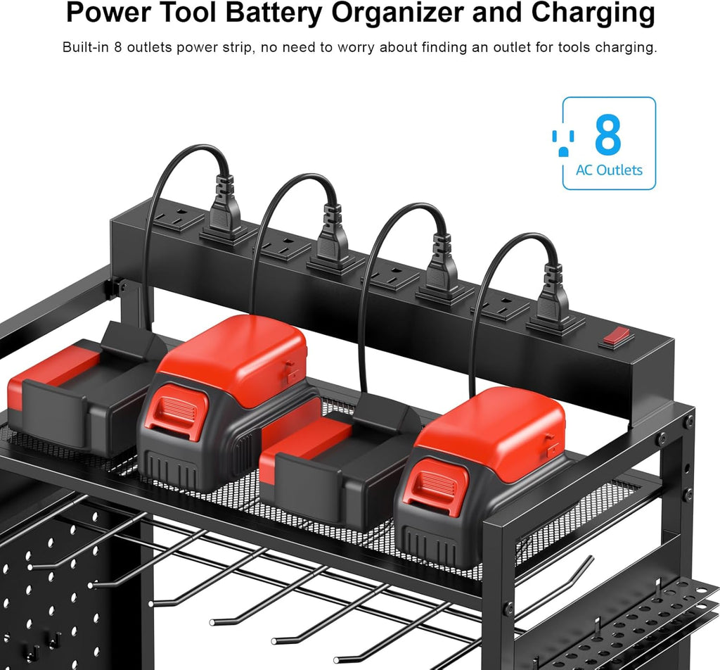 CCCEI Garage Power Tools Organizer Cart with Charging Station, Black Floor Standing Rolling Drill and Tools Battery Storage Cart on Wheels. Utility Rack Gift for Men, Husband, Father.