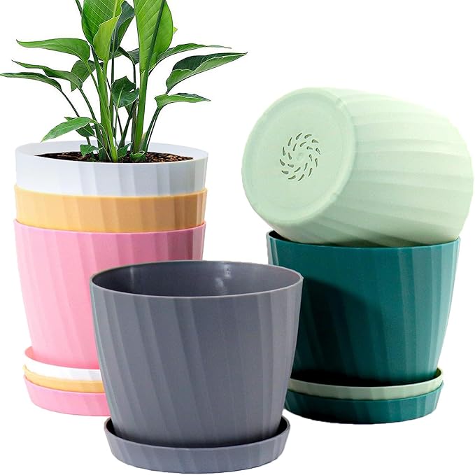 7 Inch Plant Pots Bulk, 6 Pack Plastic Planters with Drainage Holes and Saucers for Indoor Outdoor House Plants and Flowers, Colorful