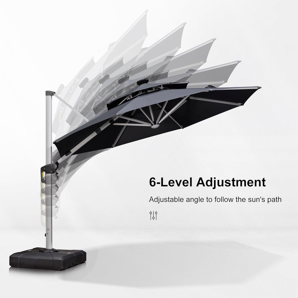 PURPLE LEAF 10ft Patio Umbrella With Base Solar powered LED Cantilever Umbrella with LED lights Windproof Outdoor Offset Umbrella for Garden Deck Pool Patio, Grey