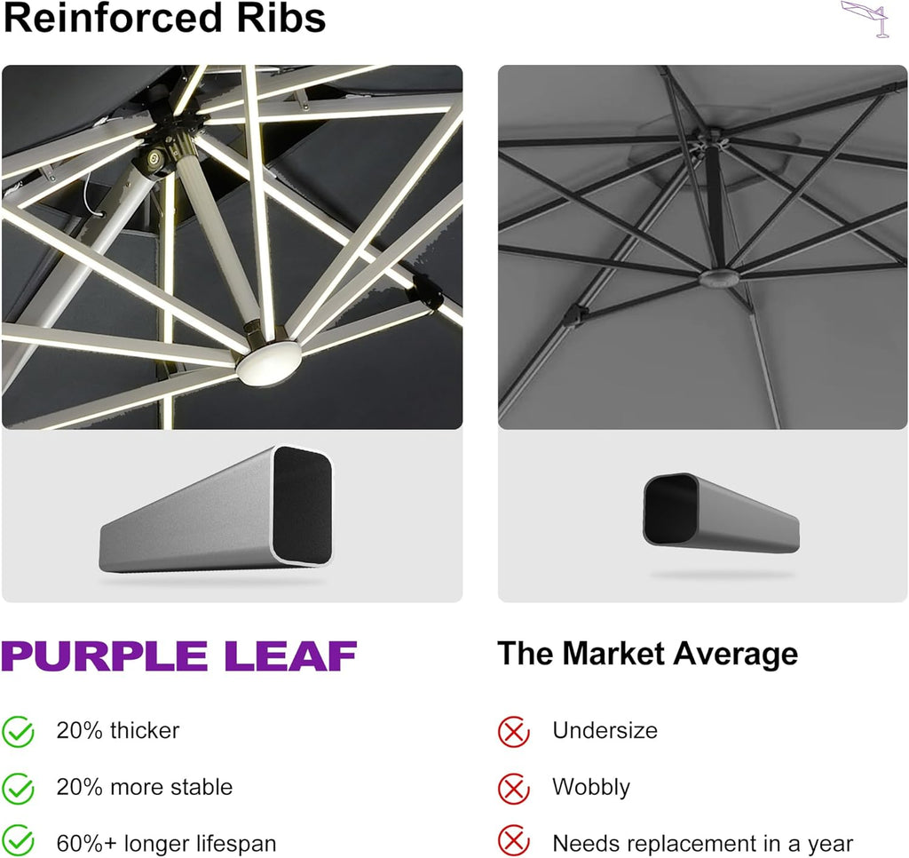 PURPLE LEAF 12 Feet Double Top Deluxe Solar Powered LED Square Patio Umbrella Offset Hanging Umbrella Outdoor Cantilever Umbrella, Grey