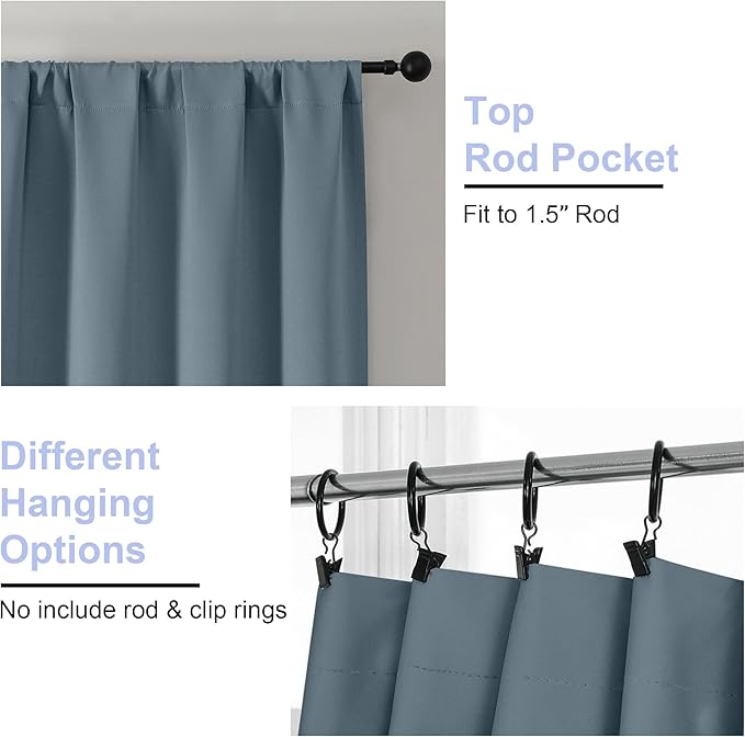 Simplebrand Ava Stone Blue Blackout Curtains for Bedroom 84 Inch Length 2 Panels Set, Solid Thermal Insulated Privacy Living Room Window Treatment Curtains Blackout Drapes, W40 x L84 Inch, Stone Blue