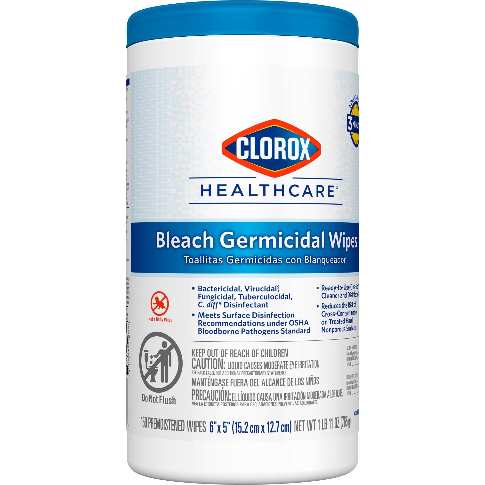 Clorox Healthcare® Bleach Germicidal Wipes, Canister, 150 ct. 30577