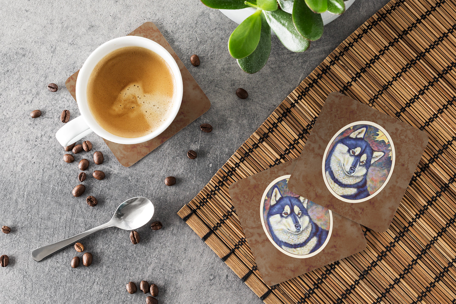 Fall Leaves Siberian Husky Foam Coasters Set of 4 Cup Coasters for Indoor Outdoor, Tabletop Protection, Anti Slip, Mouse pad Material