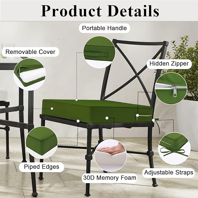Outdoor Chair Cushions Set of 2 for Patio Furniture 18.5x16x3 Inch Waterproof Patio Chair Cushion 3 Year Color Fastness Rectangle Elastic Foam Garden Couch Pads with Ties and Handle,Green