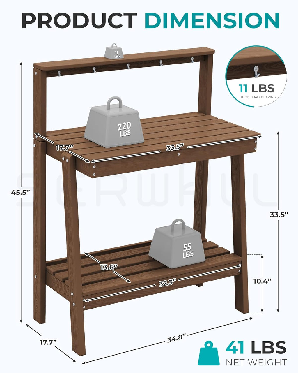 SERWALL Potting Bench Outdoor with Storage, 3-Tier HDPE Gardening Table with Angled Legs & Tool Hooks, All-Weather Heavy Duty Potting Table for Patio, Backyard, Garden, Brown