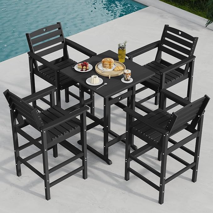 Tall Adirondack Chairs Set of 4, HDPE Wood Balcony Adirondack Chairs Set with Heart Cutout Design, Weather-Resistant Bar Height Furniture for Deck, Porch, Pool (Black)