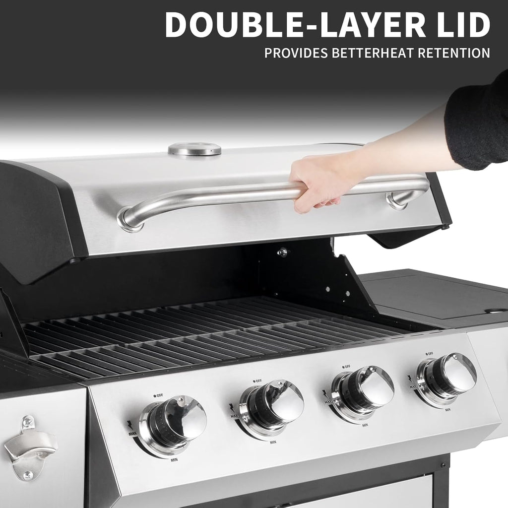 4-Burner Propane Gas BBQ Grill with Side Burner, Barbecue Gas Grill with Enameled Cast Iron Grates for Outdoor Patio Garden Barbecue, 53,000 BTU, Stainless Steel Grill Cover included