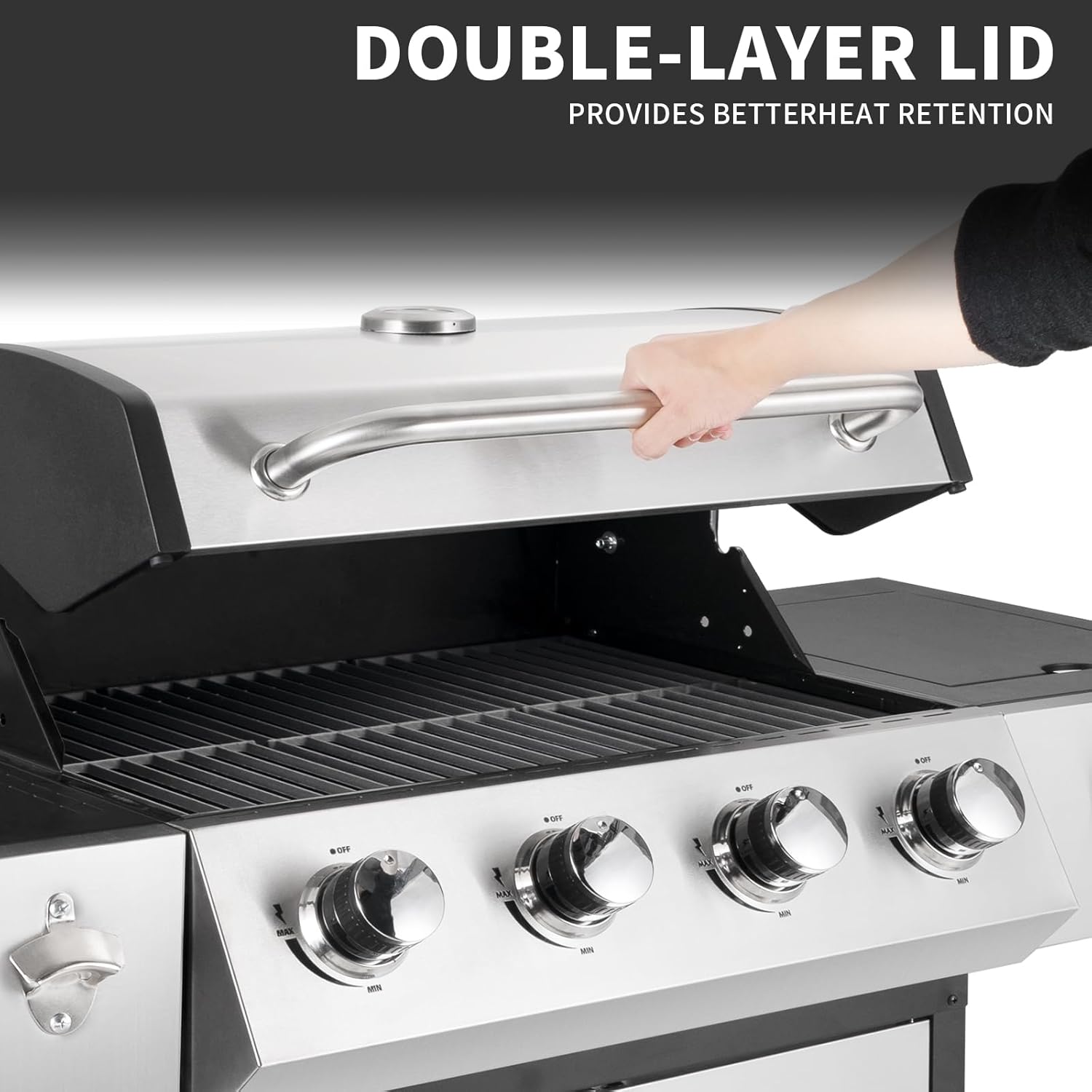 4-Burner Propane Gas BBQ Grill with Side Burner, Barbecue Gas Grill with Enameled Cast Iron Grates for Outdoor Patio Garden Barbecue, 53,000 BTU, Stainless Steel Grill Cover included