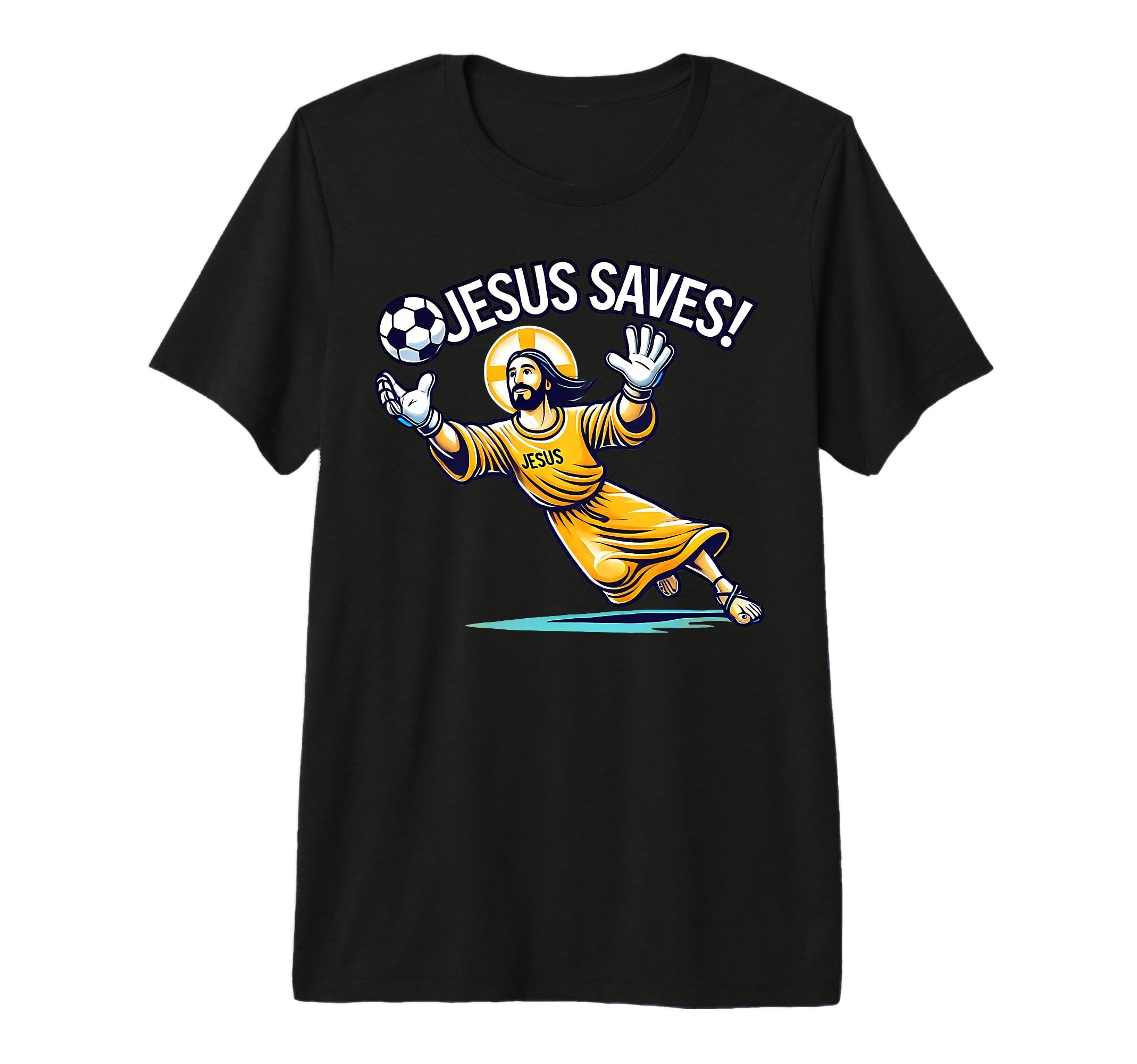 Funny Soccer Goalie Jesus Saves T-Shirt - Fun Novelty Design for Adults