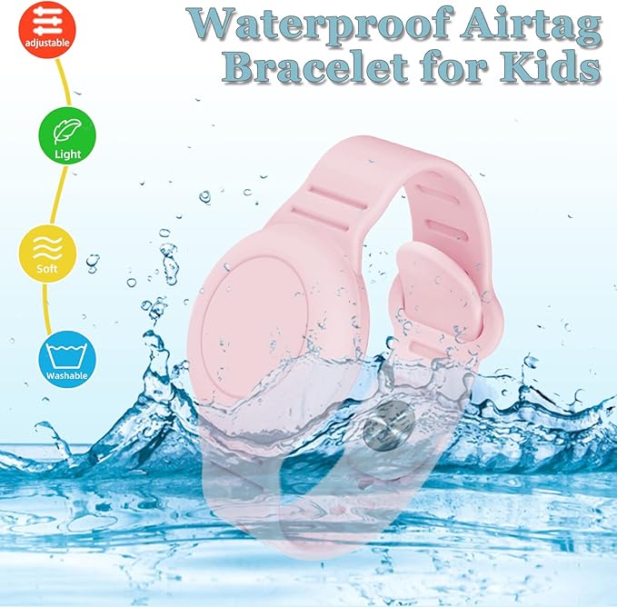 Kids Waterproof Airtag Bracelet Compatible with Apple AirTag, Hidden Silicon Protective Case for Air Tag GPS Tracker Holder, Adjustable Anti-Lost Watch Band for Toddler Child (Pink & Blue)