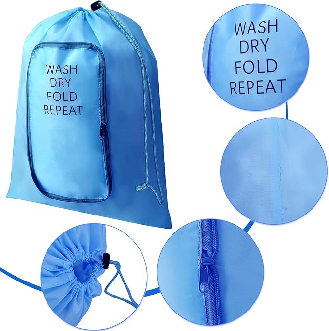 2 Pcs Travel Laundry Bag Washable Dirty Clothes Bag with Drawstring and Zipper for Suitcase, 22 x 18 Inch (Gray, Blue,Classic)