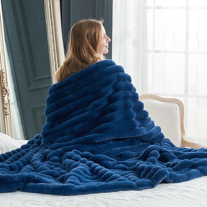 Cozy Bliss Faux Fur Throw Blanket for Couch, Cozy Warm Plush Striped Blanket for Sofa Bedroom Living Room,50 * 60 Inches Navy Blue