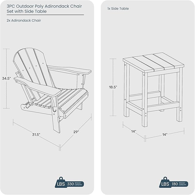 WO Home Furniture Adirondack Chairs Table Set of 3 PCS Outdoor Folding Chairs Side End Table Weather/UV Resistant for Lawn, Garden, Bon Fire, Balcony (White)