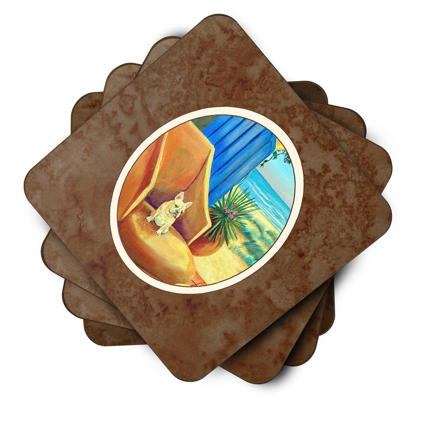 French Bulldog at the beach cottage Foam Coasters Set of 4 Cup Coasters for Indoor Outdoor, Tabletop Protection, Anti Slip, Mouse pad Material