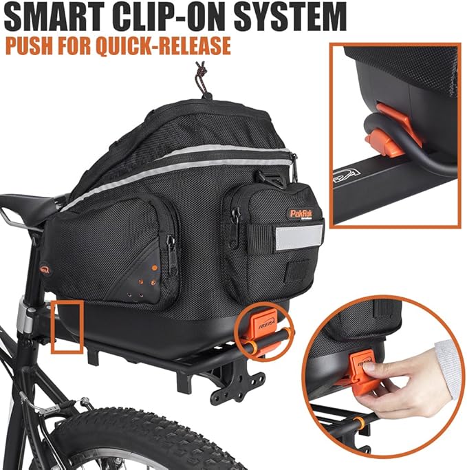 Ibera Bike Bag Mini Commuter 9.5L - Clip-On Bike Rack Bag with Shoulder Strap - Hard Base Reflective Trim Taillight Compatible - Bicycle bag for Folding & Small Bikes, PAKRAK ONLY FOR IBERA MINI RACKS
