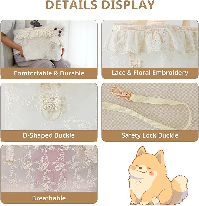 Dog Carrier for Small Dogs Rabbit cat with Lace Design, Cotton Bag, Dog Carrier Soft Sided, Collapsible Travel Puppy Carrier (Beige, 9.4" L x 5.9" W x 9.4" H)