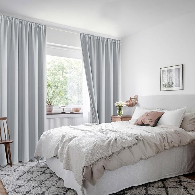 XWZO 100% Blackout Curtains - Heat and Full Light Blocking Drapes with Black Liner for Bedroom/Laundry Room, Rod Pocket Window Panels with Tiebacks, Light Grey, W60 x 84, Set of 2