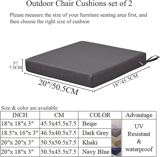 20 x 18 Inch Outdoor Chair Cushions for Patio Furniture, UV Resistant Non Slip Waterproof Replacement Patio Seat Cushion with Ties Set of 2, Beige