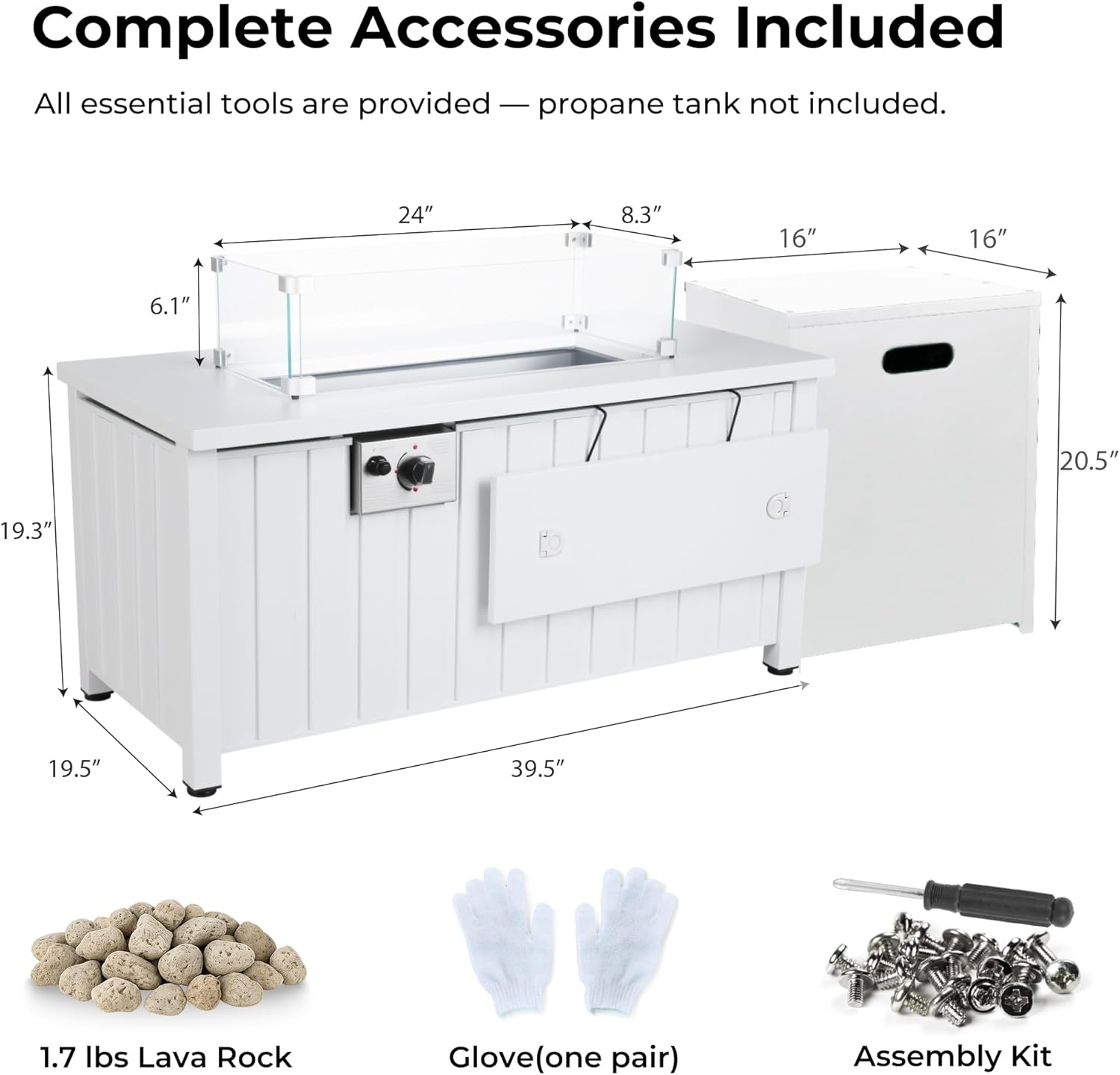 KOL 50,000 BTU Propane Fire Pit Table with Cabinet-39.5in White Gas Fireplace with Glass Wind Guard & Lid, Outdoor Rectangular Cold Rolled Plate Plastic Spraying Firepits for Patio, Backyard, Balcony