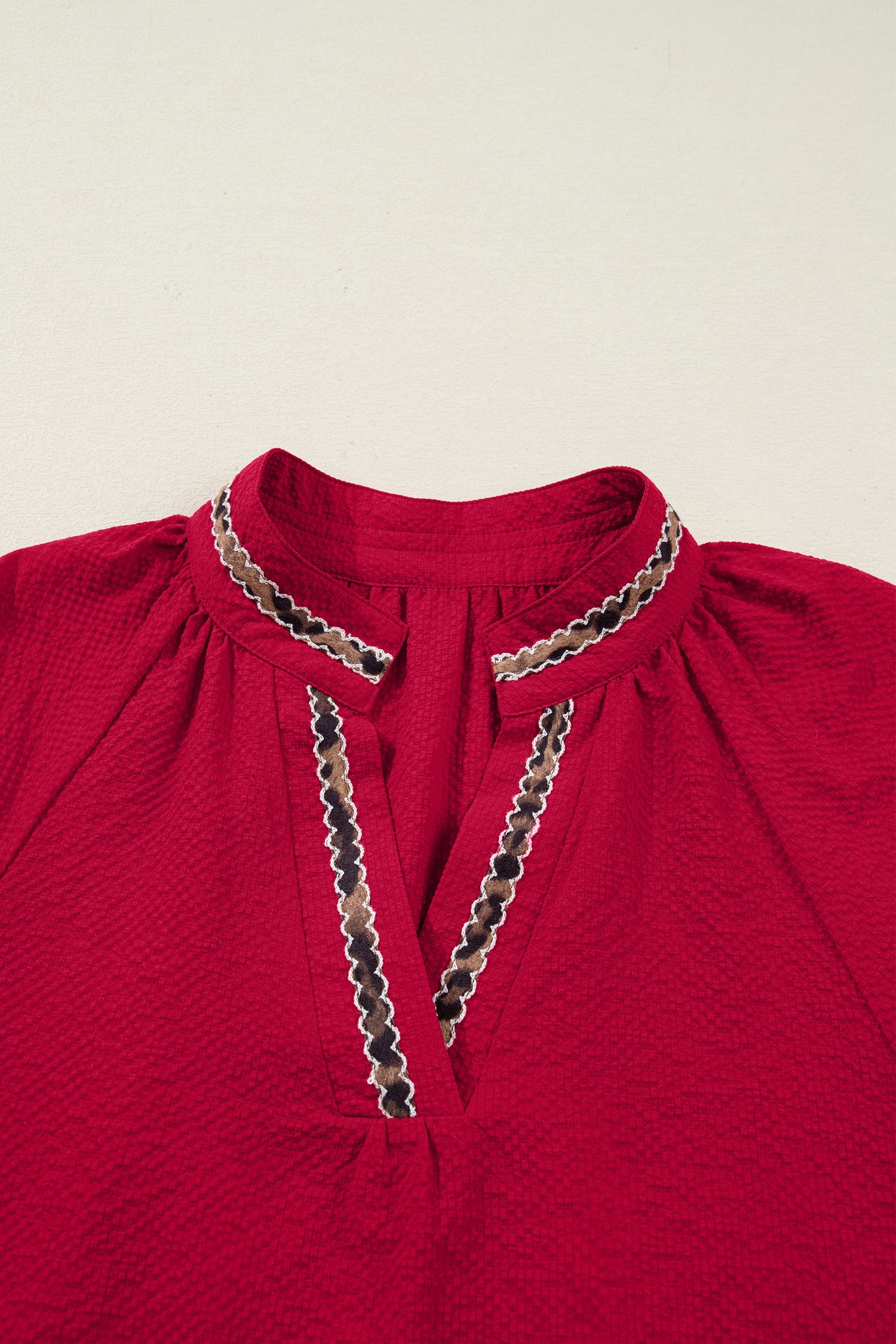 Racing Red Leopard Jacquard Print V Neck Textured Blouse