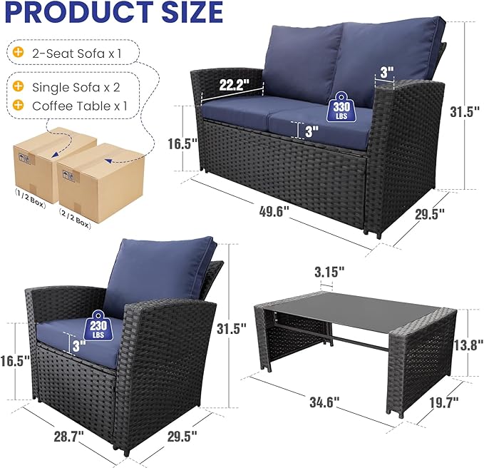 5 Piece Patio Furniture Set with 43" Propane Fire Pit Table, Outdoor Wicker Conversation Set, Rattan Modern Sectional Sofa Couch with Coffee Table for Backyard Porch Garden Poolside, Black-Blue