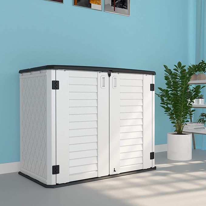 HOMSPARK Storage Shed Weather Resistance, Multi-Purpose Outdoor Storage Cabinet for Backyards and Patios, Horizontal Storage Shed for Lawnmower, Patio Accessories (White 1, Large - 26 cu.ft)