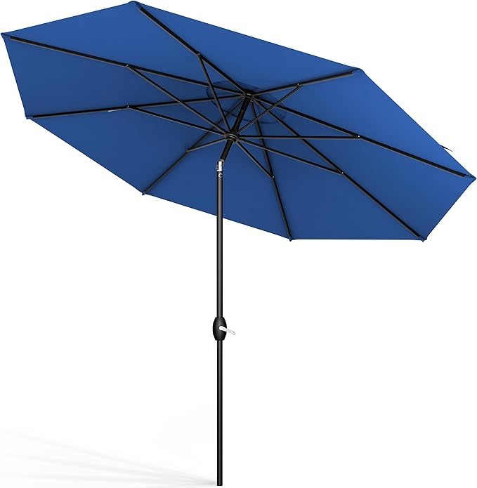 Midtown Umbrellas Sunbrella Umbrella 9 Feet Outdoor Umbrella With Dark Blue Acrylic Fabric - Auto-Tilt Aluminum Frame Patio Umbrella For Backyard, Deck, Garden, Pool - Black Pole