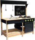 Mud Kitchen Playset for, Outdoor Wooden Toy Play Kitchen Set for Boys and Girls, Kitchen Accessories and Garden Sink with Faucet, Blackboard, Cookware Pot (Black)