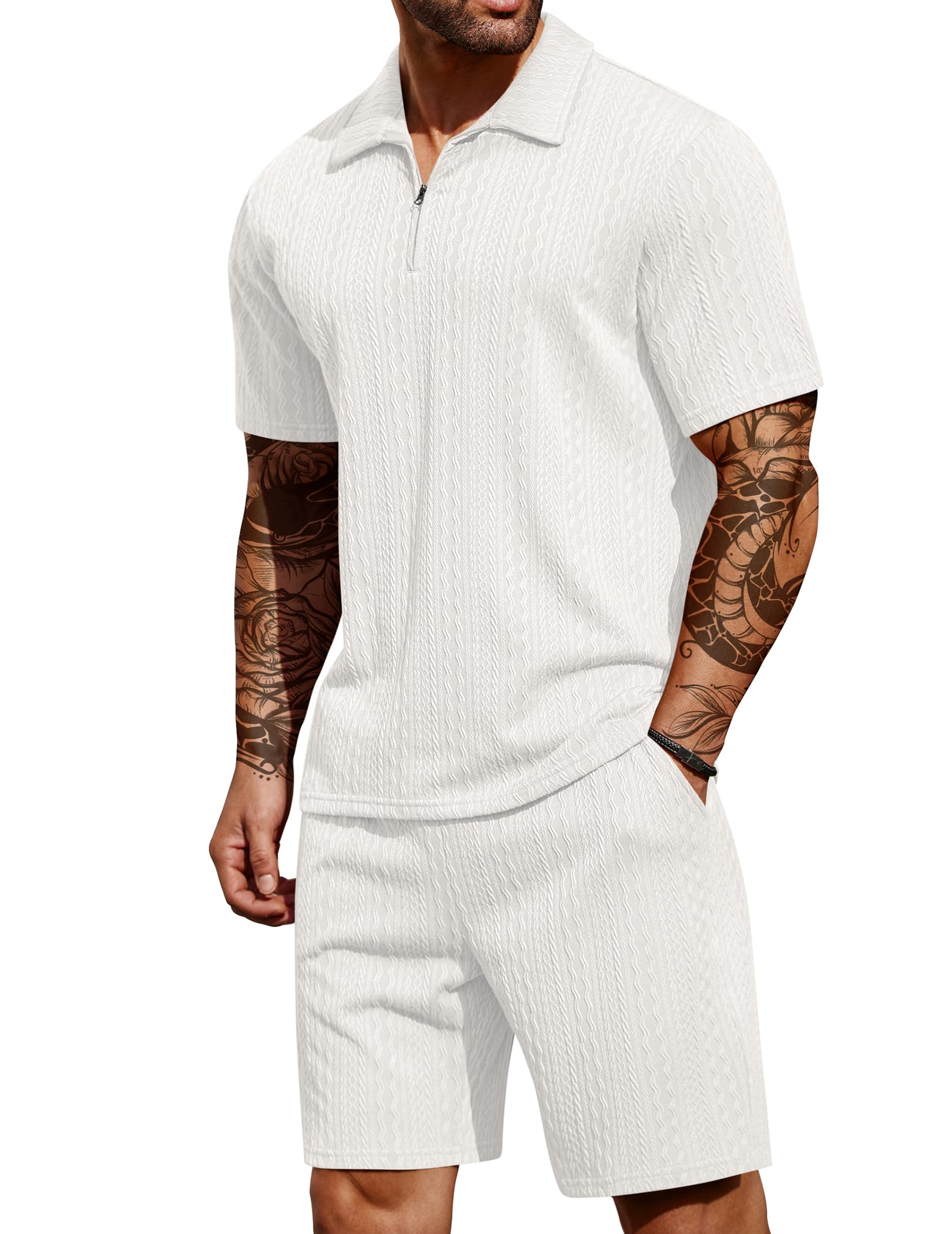 COOFANDY Men's 2 Pieces Outfits Casual Quarter Zip Polo Shirt and Shorts Set Athletic Jogging Summer Tracksuit