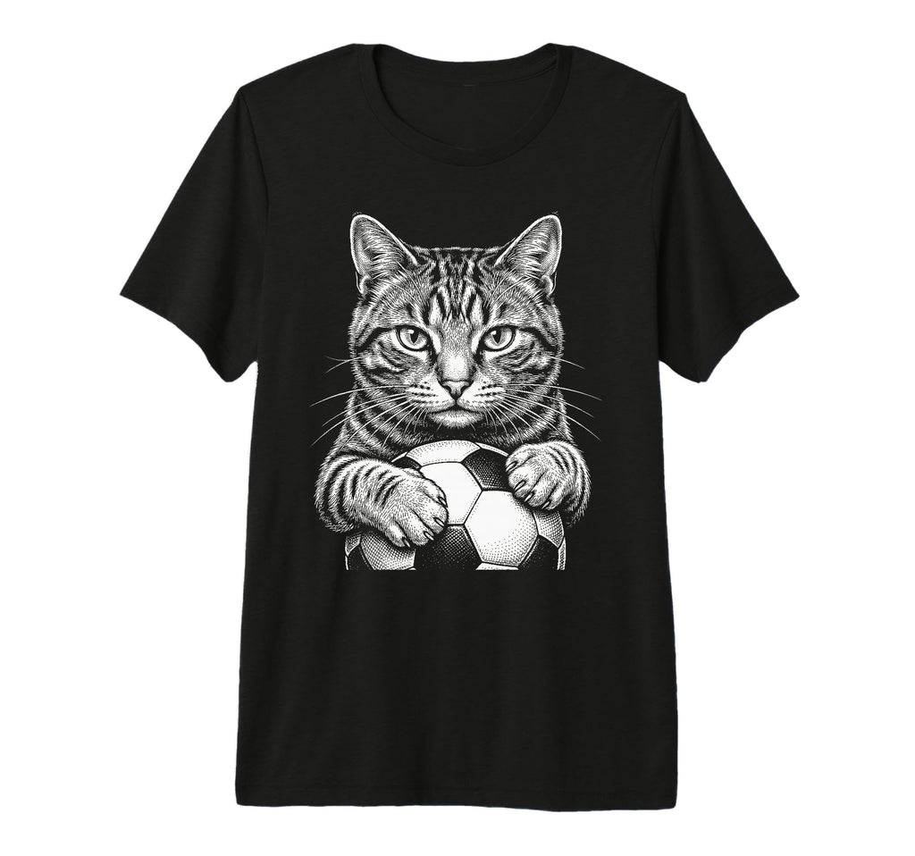 Cat Playing Soccer Black And White T-Shirt - Unique Graphic for Adults