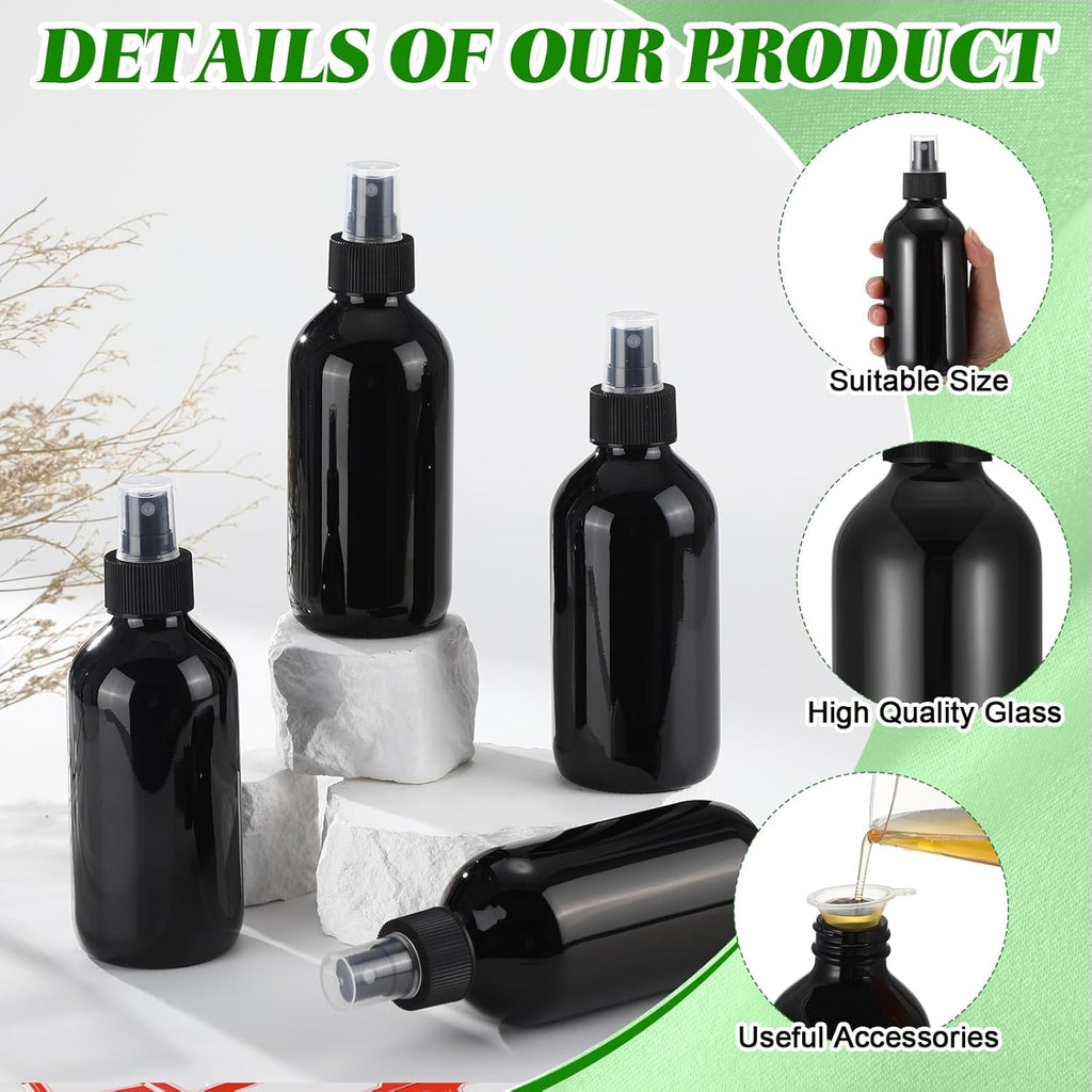Norme 12 Pcs 8 oz Glass Spray Bottles with Funnels and Labels Refillable Cosmetic Empty Spray Bottles with Sprayer Containers for Essential Oil Cleaning Solutions(Black,Stylish)