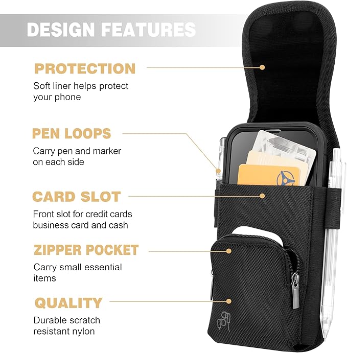 Perilogics Phone Holster with Magnetic Cover, Belt Clip Pouch Fits iPhone 17 Pro Max, 16 Pro Max, 16 Plus and Other Pro Max/Plus Models with Case Installed, with Zipper Storage & Card Pocket