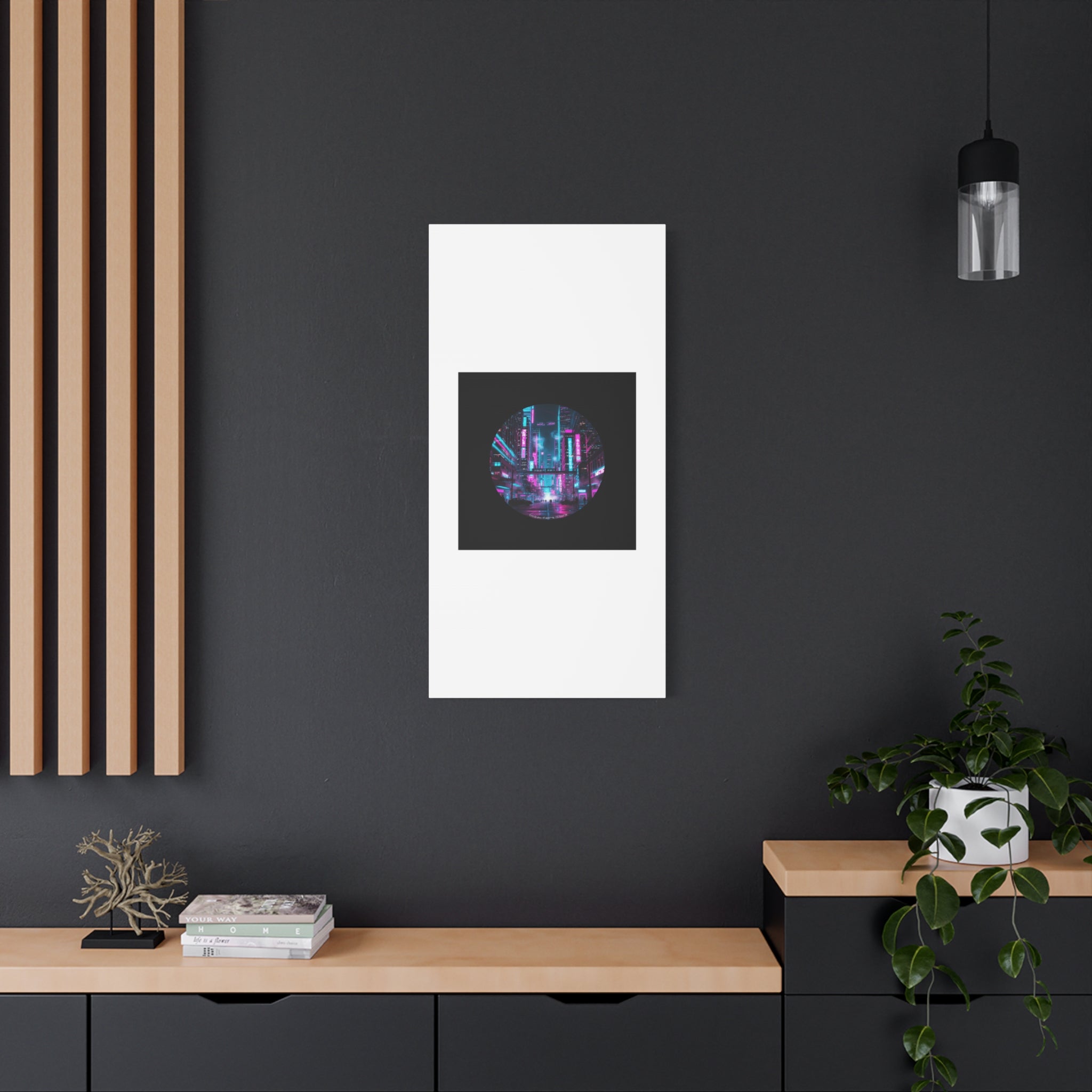 Neon Cyberpunk Cityscape Canvas | synthwave skyline, future city art