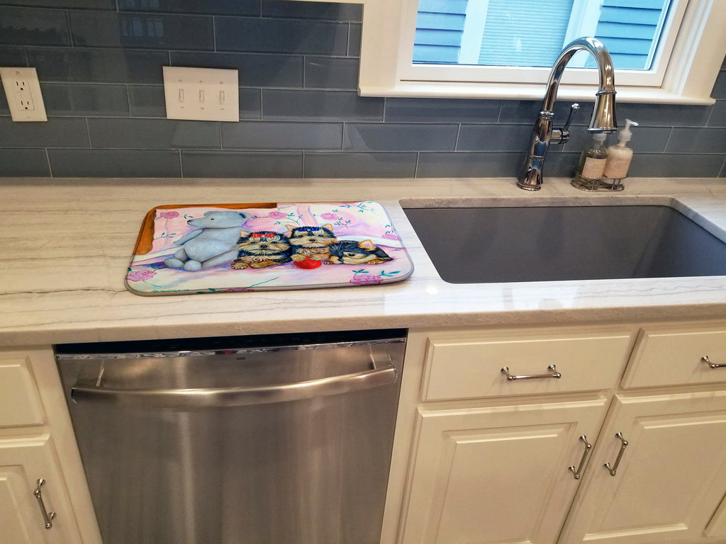 Yorkie Puppies three in a row Dish Drying Mat Absorbent Dish Drying Mat Pad for Kitchen Counter Dish Drainer Mat for Countertop, 14 x 21", Multicolor