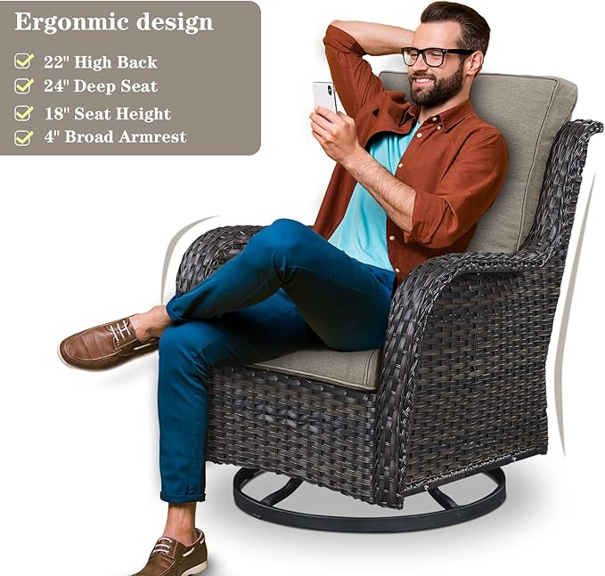 Wicker Outdoor Furniture Patio Furniture Set - 6 Piece Patio Conversation Set with Swivel Rocker Chairs, Loveseat Sofa, Ottomans and Coffee Table, Gray Cushion
